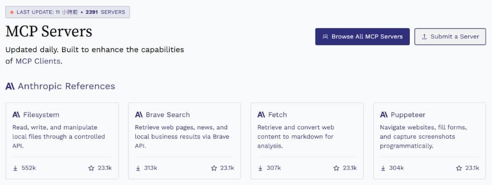 PulseMCP 除了收集 2300 + 個 MCP 伺服器，並連結至GitHub倉庫，還整理了支援 MCP 的工具、應用案例和最新資訊。