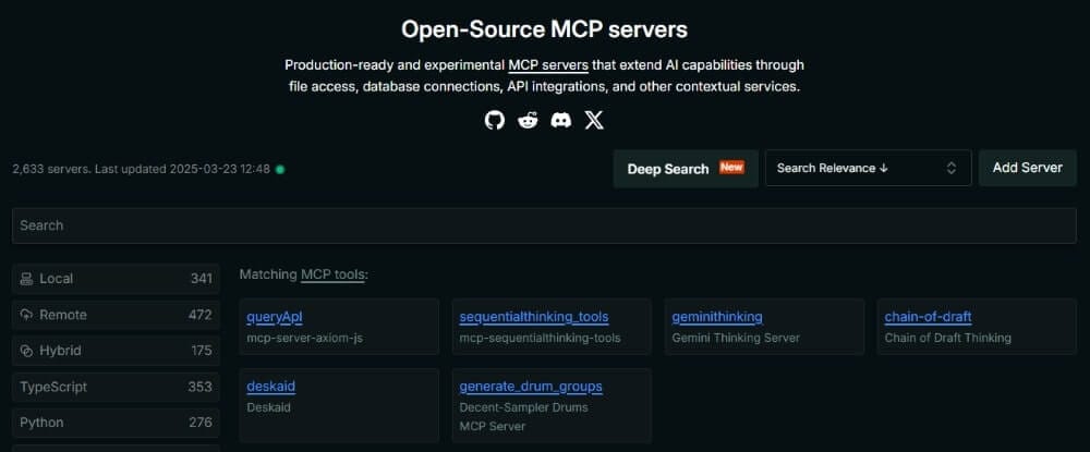 Glama.ai 提供一個全面的 MCP 伺服器目錄，涵蓋了各種開源 MCP 服務，目前已經有 2600 + 個 Servers。