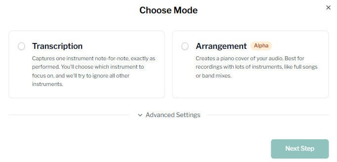 Songscription AI 選擇生成模式與設定