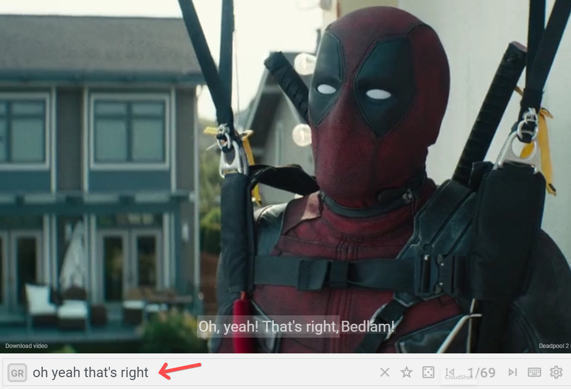 在 PlayPhrase Me 下方輸入框輸入文字,PlayPhrase Me 即時找出相關影片,左下方點撃「Download Video」,即可下載影片。