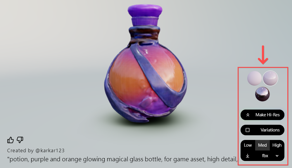 進入 Luma Genie AI 編輯頁面後,在右下方可以修改材質、提升模型像素、生成類似模型,以及下載 3D 模型檔案。