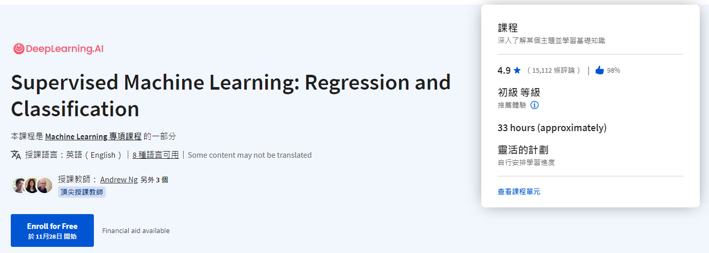 Supervised Machine Learning: Regression and Classification 由 DeepLearning AI 和史丹佛大學在 Coursera 上提供的免費機器學習課程。涵蓋了機器學習的基礎知識,包括監督學習、無監督學習 、最佳實踐分享及如何建立 AI 應用程式。