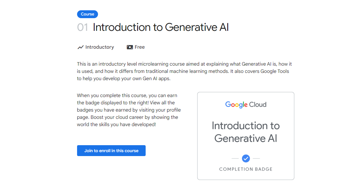 「Introduction to Generative AI」是由 Google 推出的 AI 入門級免費課程,課程主要是解釋什麼是生成式 AI、用途、與傳統機器學習方法的差異及介紹生成式 AI 應用的各種 Google 工具。
