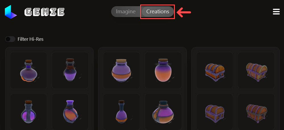 在 Luma Genie AI 網站,點撃上方「Creations」,可以找到自己之前生成的 3D 模型。