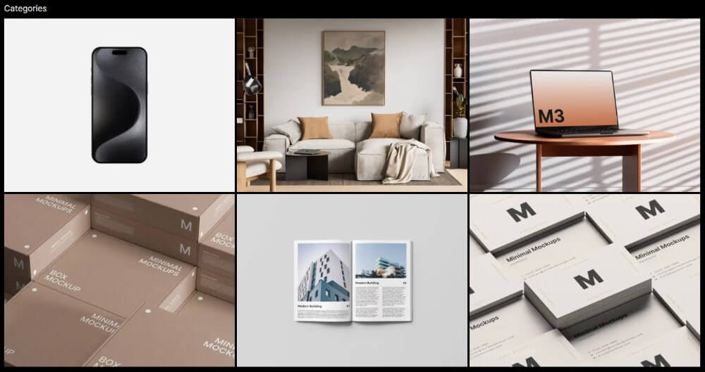 Minimal Mockups 主打極簡風格，其提供的 Mockup 模板充滿現代感，特別適合追求乾淨、現代視覺效果的設計師。