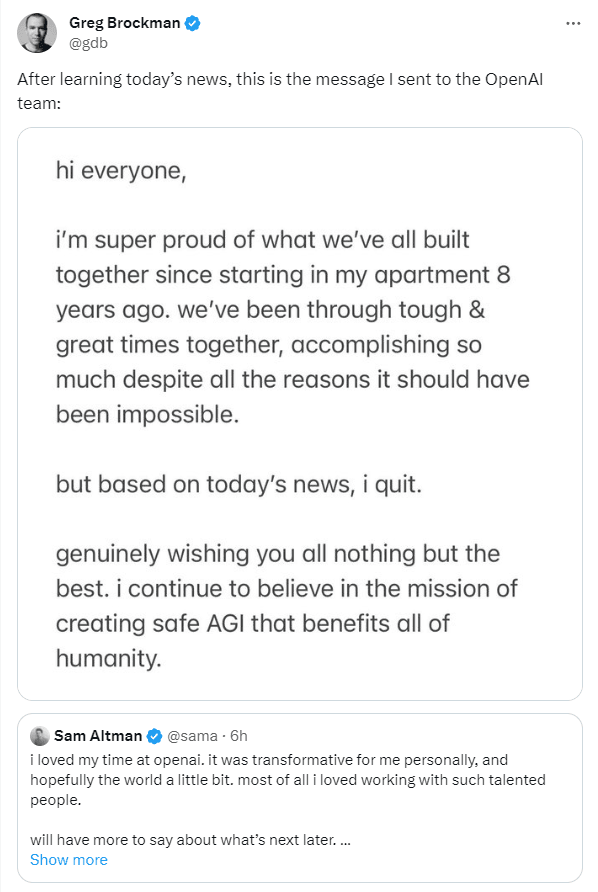 OpenAI 聯合創辦人及總裁 Greg Brockman 在 Sam Altman 被解除執行長職務後，亦在其 社群媒體「X」 (前稱 Twitter) 宣佈辭職。